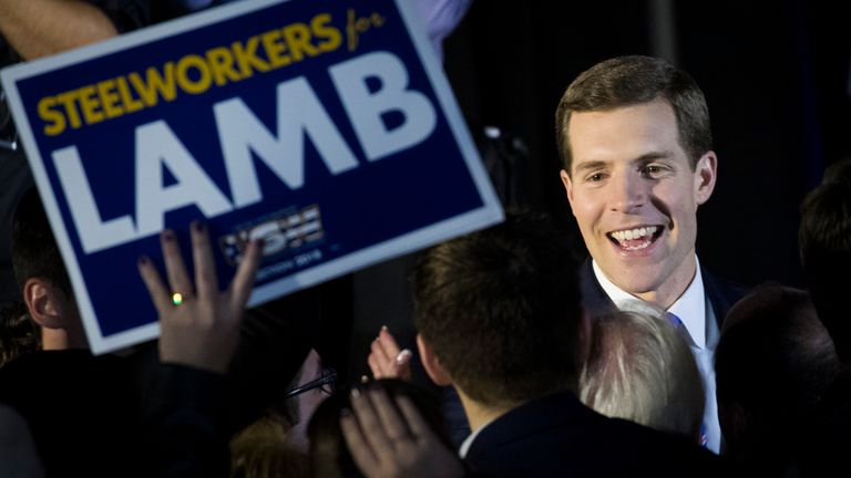 Conor Lamb, Democratic congressional candidate for Pennsylvania&#39;s 18th district, greets supporters at an election night rally March 14, 2018 in Canonsburg, Pennsylvania