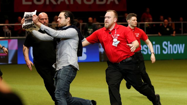 Security guards chase a protester who entered the Crufts ring