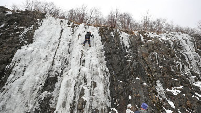 People ice climbing near Tebay in Cumbria 