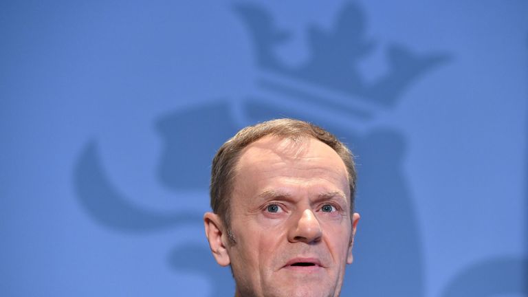 European Council President Donald Tusk speaks holds a press conference in Senningen