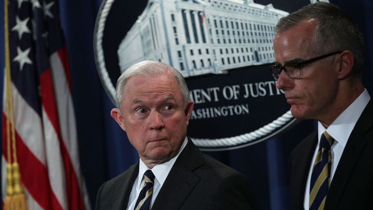 Jeff Sessions (L) and then-acting FBI director Andrew McCabe (R) in 2013