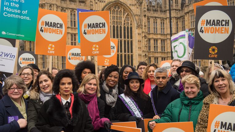 Marchers including ,from third left, Bianca Jagger, Justine Greening, Natalie Imbruglia, Mayor of London Sadiq Khan and Sandi Toksvig