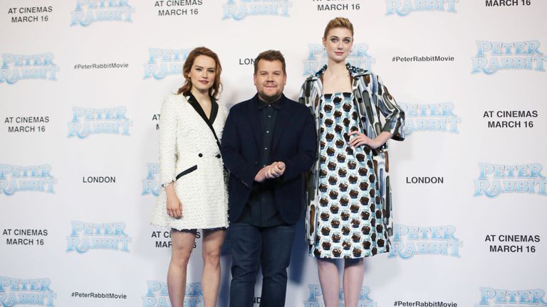 Daisy Ridley, left, James Corden, and Elizabeth Debicki in Leicester Square