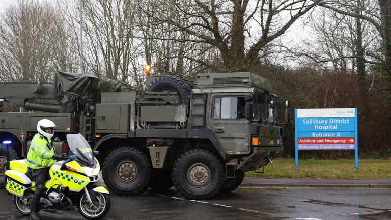 A military truck arrives at Salisbury District Hospital