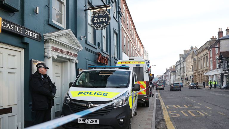 Police outside the Zizzi restaurant in Salisbury near to where former Russian double agent Sergei Skripal was found critically ill by exposure to an unknown substance