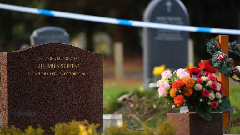 Flowers adorn the grave of Ludmila Skripal, wife of Sergei Skripal at the London road cemetery in Salisbury 