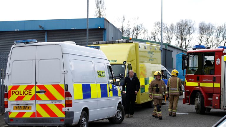 Emergency services attend the scene at a car recovery depot in Norton Enterprise Park, where Sergei Skripal's car was originally transported, in Salisbury