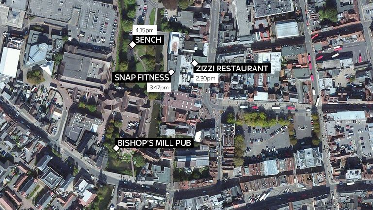 Sites across Salisbury where ex-Russian spy Sergei Skripal and his daughter Yulia were seen on Sunday afternoon