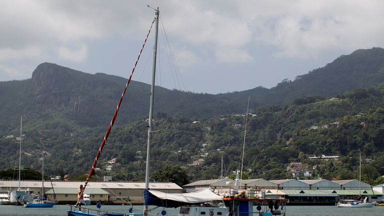 A fisherman&#39;s boat is seen at Seychelles port 