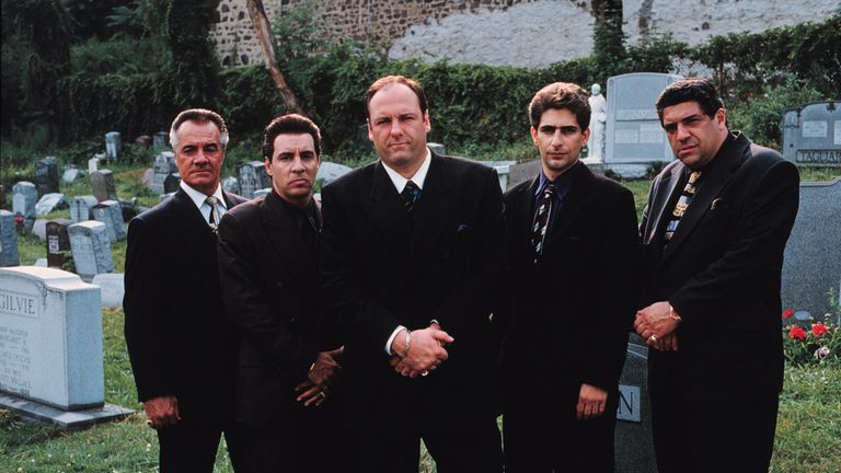 Tony Soprano, played by the late James Gandolfini, with his crew in an early publicity shot from the TV series