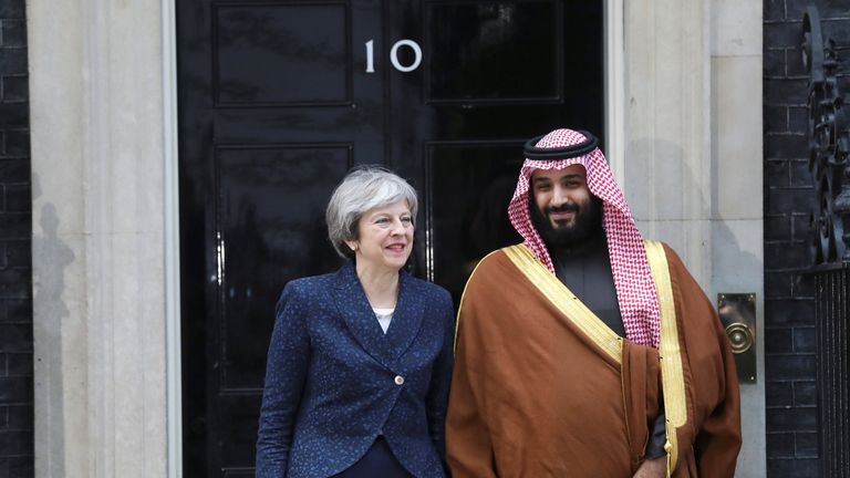 Theresa May greets the Crown Prince of Saudi Arabia Mohammad bin Salman outside 10 Downing Stree