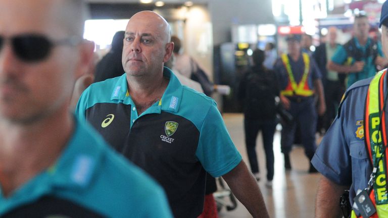Coach Darren Lehmann is seen as the Australian Cricket team arrive at Cape Town International Airport on March 27, 2018