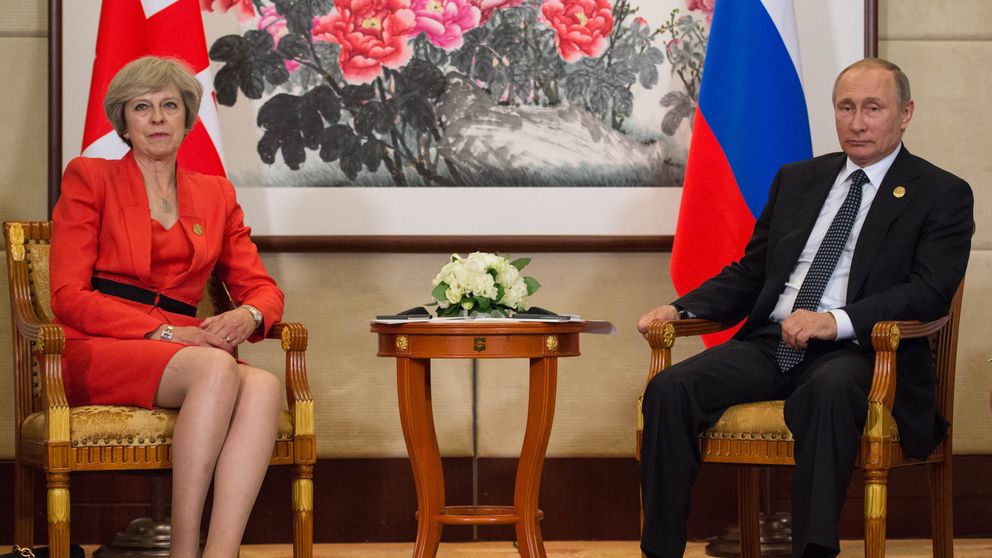 Prime Minister Theresa May holds a news conference with Russian President Vladimir Putin before the start of the G20 Summit today in Hangzhou, China, in 2016