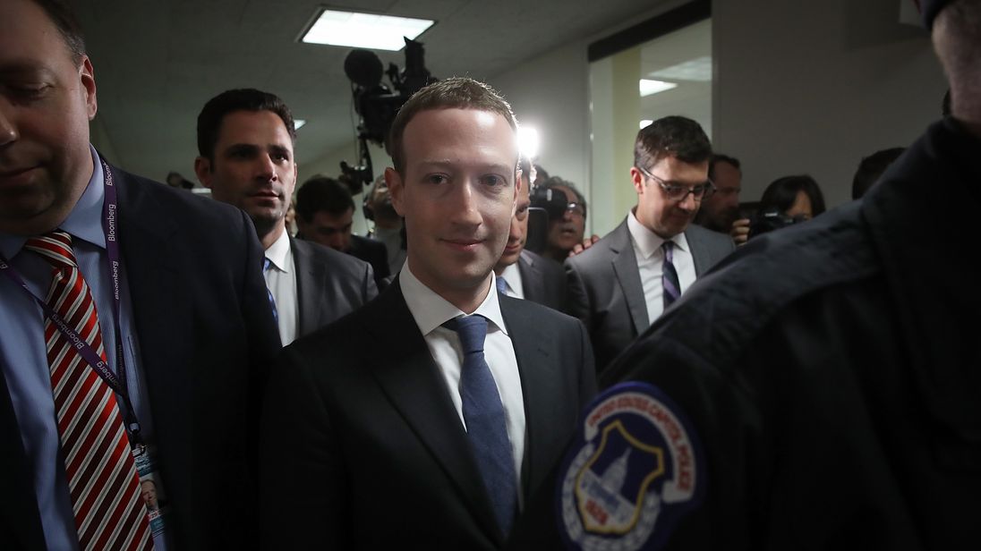 WASHINGTON, DC - APRIL 09: Facebook CEO Mark Zuckerberg (C) leaves the office of Sen. Dianne Feinstein (D-CA) after meeting with Feinstein on Capitol Hill on April 9, 2018 in Washington, DC. Zuckerberg is meeting with individual senators in advance of tomorrow's scheduled hearing before the Senate Judiciary and Commerce committeees. (Photo by Win McNamee/Getty Images) 