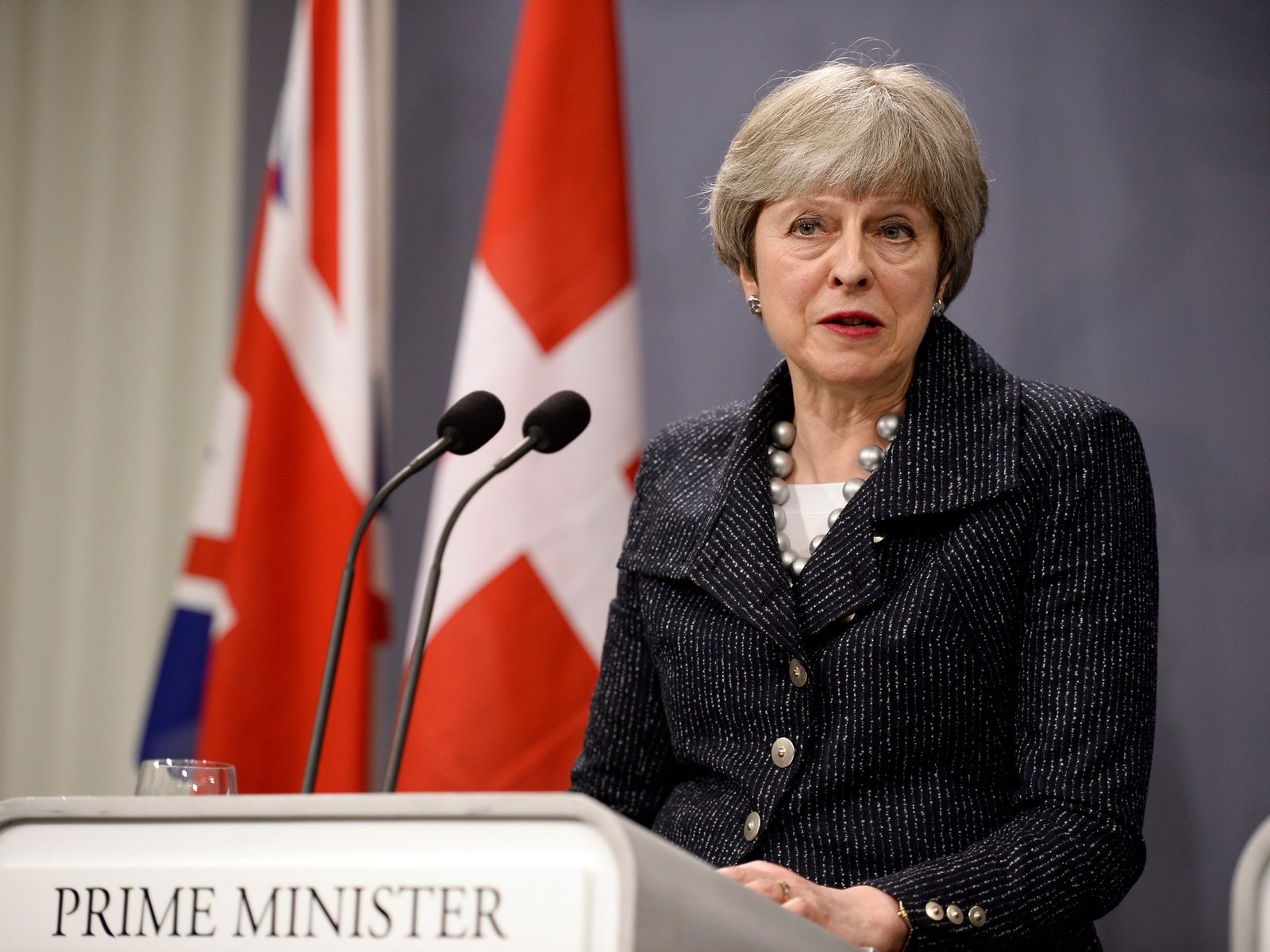 Britain&#39;s Prime Minister Theresa May speaks during a joint press conference with Danish Prime Minister following talks at Christiansborg Castle in Copenhagen, Denmark, on April 9, 2018. / AFP PHOTO / Ritzau Scanpix AND Scanpix / Mads Claus Rasmussen / Denmark OUT (Photo credit should read MADS CLAUS RASMUSSEN/AFP/Getty Images)
