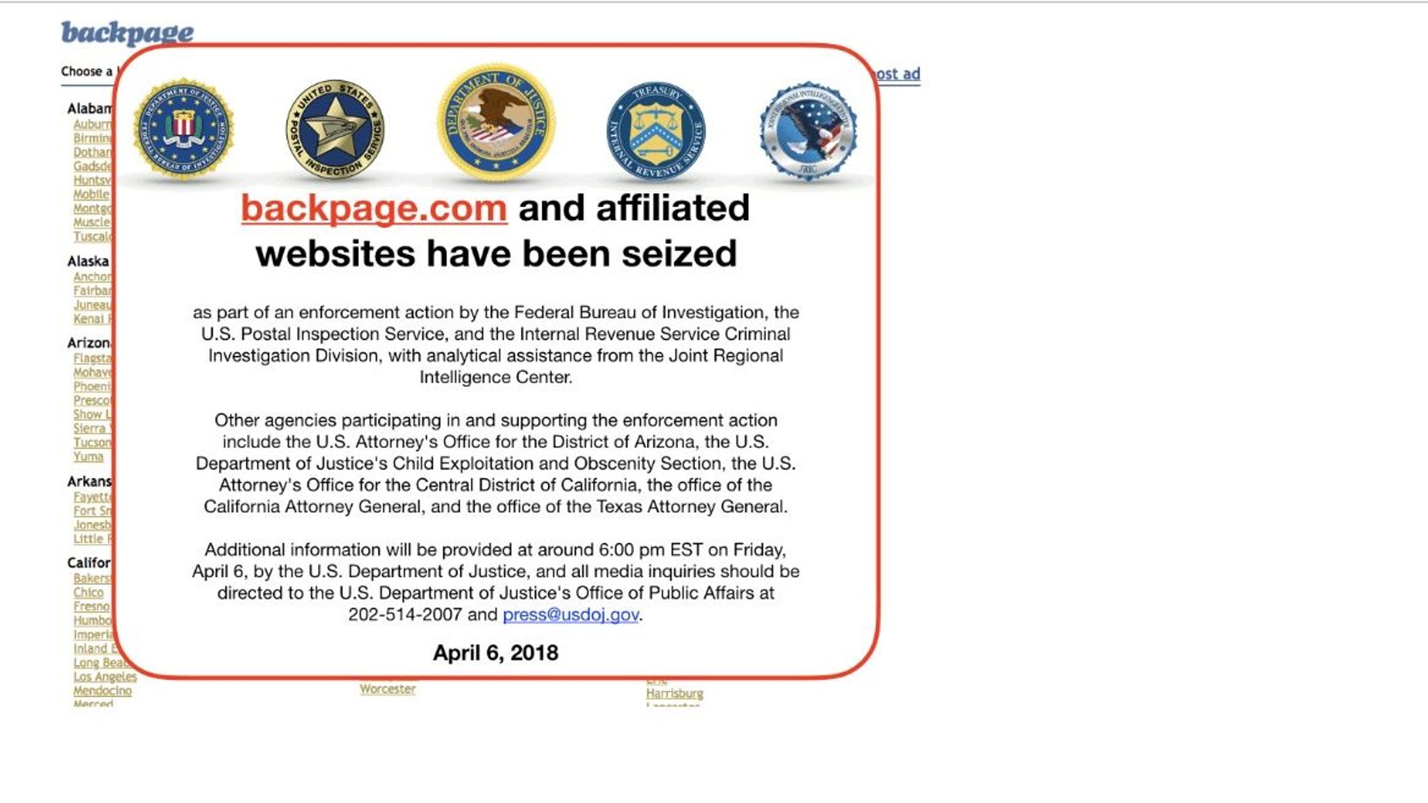 The Backpage.com website was taken down and seized.