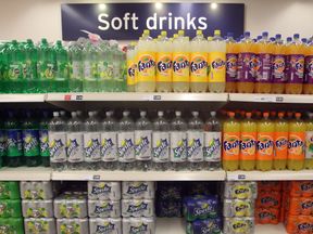 General view of soft drinks on supermarket shelving in London after a report from the food and farming charity Sustain said that sugary drinks should be subject to a new tax that could add 20p per litre to their price, with the proceeds going towards child health.