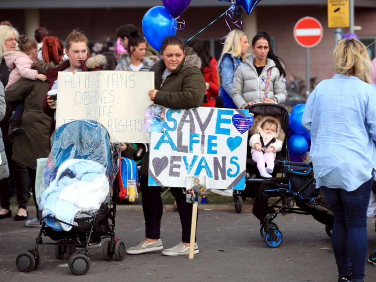Protesters gathered outside Alder Hey, where Alfie has been treated