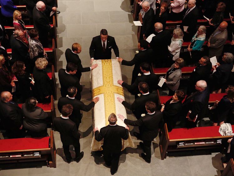 The casket is brought into St. Martin's Episcopal Church during the funeral for former first lady Barbara Bush on April 21, 2018 in Houston, Texas