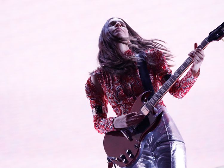 Danielle Haim of Haim performs at the Coachella Valley Music and Arts Festival in Indio
