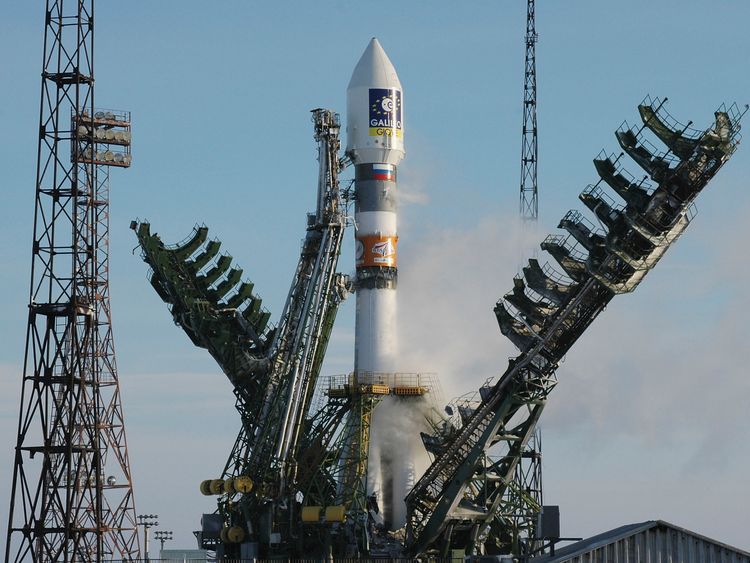 BAIKONUR, KAZAKHSTAN - DECEMBER 28:  In this handout photo supplied by the European Space Agency (ESA), A Russian Soyuz rocket carrying the Giove-A satellite, part of the Galileo GPS positioning system, blasts off at the Baikonur Cosmodrome on December 28, 2005 in Baikonur, Kazakhstan. The 3.8 billion-euro Galileo navigation network is designed to rival the current US system. It will give EU states guaranteed access to a space-borne precise timing and location service independent of the United States. (Photo by ESA via Getty Images)