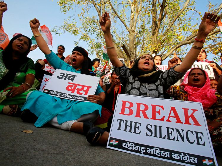 Supporters of India's main opposition Congress party shout slogans during a protest against the rape of an eight-year-old girl in Kathua near Jammu, and a teenager in Unnao, Uttar Pradesh state, in Chandigarh, India, April 17, 2018
