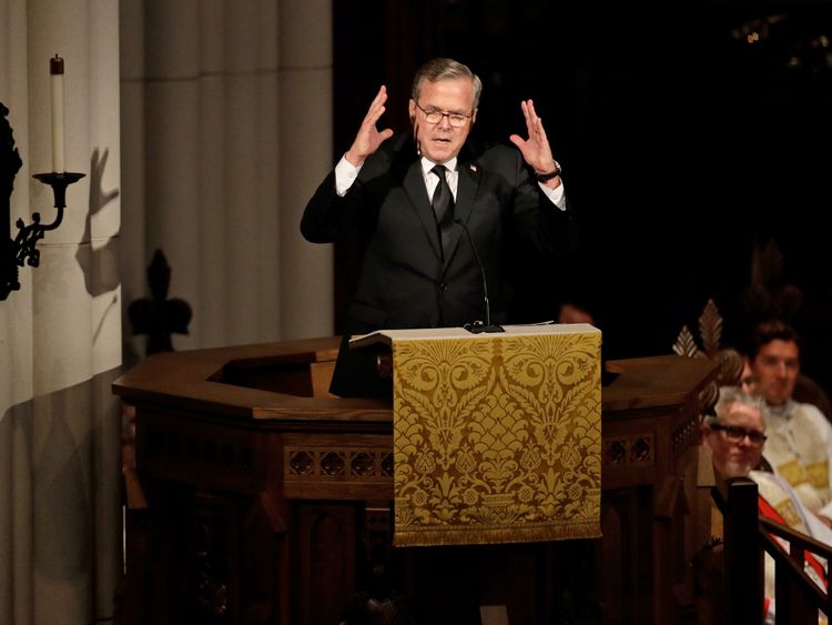 Former Florida Governor Jeb Bush speaks during the eulogy at funeral service for his mother, former first lady Barbara Bush at St. Martin's Episcopal Church in Houston