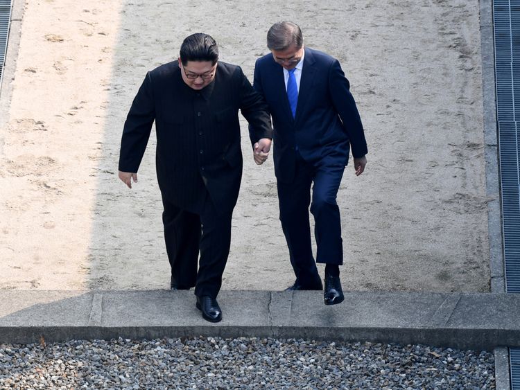 South Korean President Moon Jae-in and North Korean leader Kim Jong Un meet in the truce village of Panmunjom