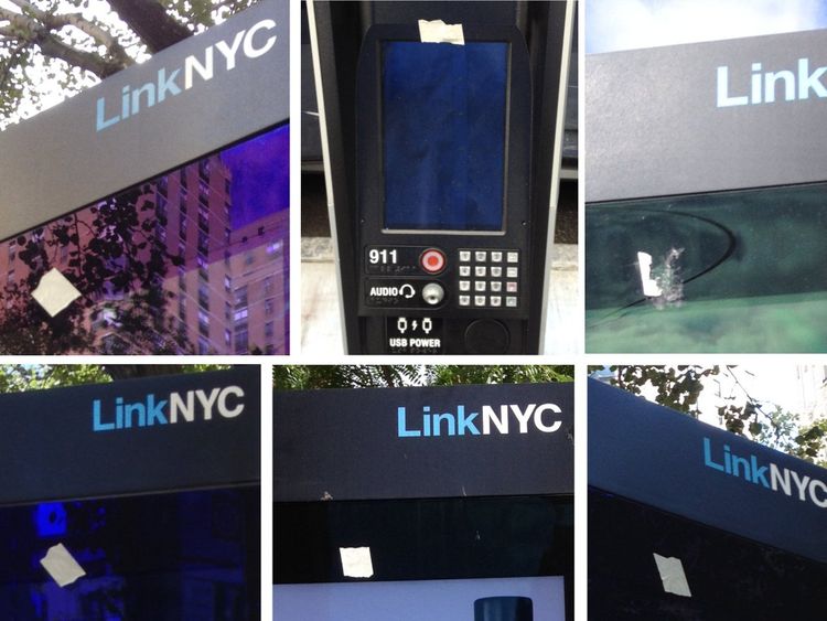 Protesters in New York covered the kiosks' built-in cameras. In the UK they're switched off at launch. Pic: Twitter / @_cryptome_