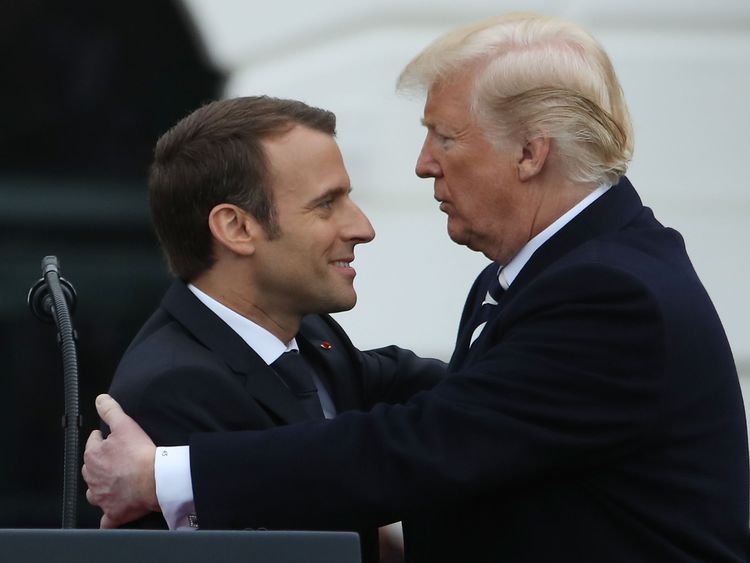 Mr Macron and Mr Trump during the welcome ceremony