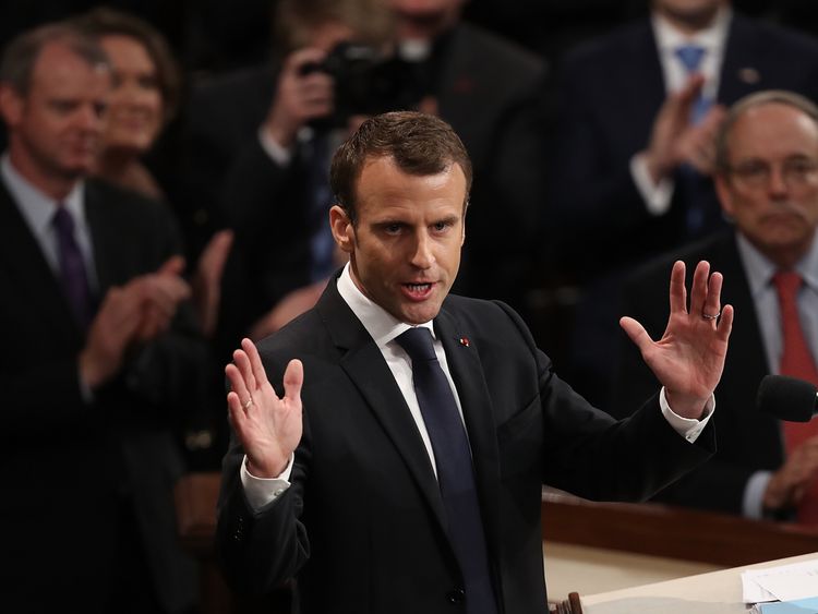 Mr Macron&#39;s speech was punctuated by repeated standing ovations and loud applause