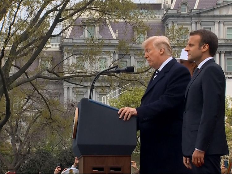 Donald Trump and Emmanuel Macron address the crowd 
