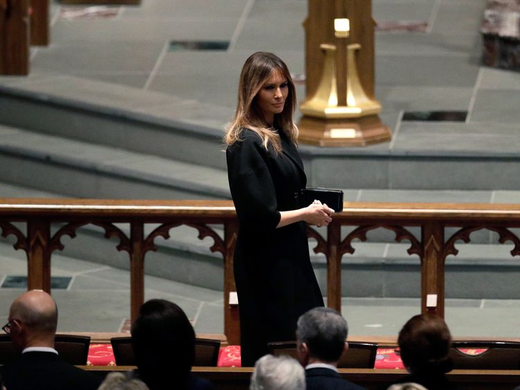 First Lady Melania Trump arrives at St. Martin's Episcopal Church for a funeral service for former first lady Barbara Bush on April 21, 2018 in Houston, Texas