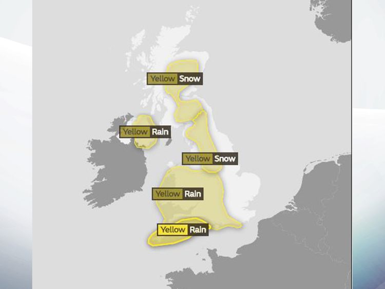 The Met Office has issued five yellow weather warnings