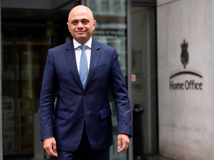 Sajid Javid stands outside the Home Office after being named as Home Secretary