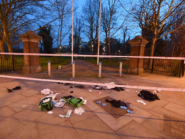 Bloodied clothes near the scene in Grove Road, Mile End, east London following reports of a stabbing