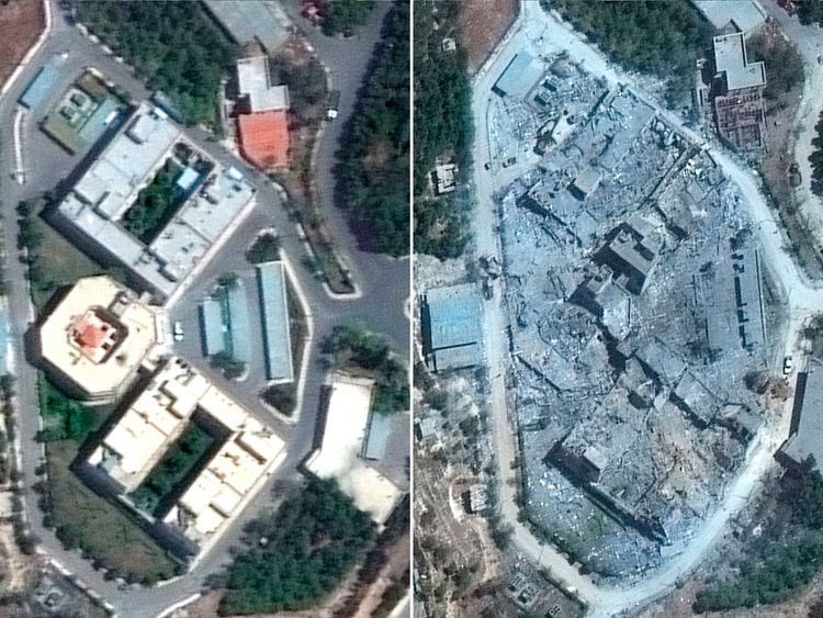 The Barzah Research and Development Centre, near Damascus, pictured before and after the coalition missile attack