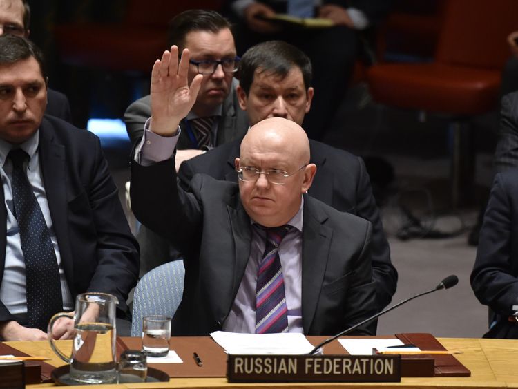 Russian Ambassador to the United Nations Vassily Nebenzia votes against investigating the use of chemical weapons in Syria