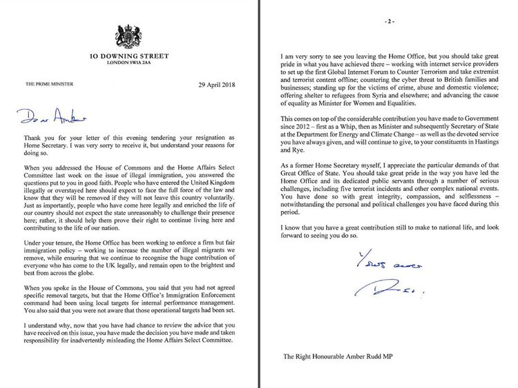 Theresa May's response to Amber Rudd's resignation letter