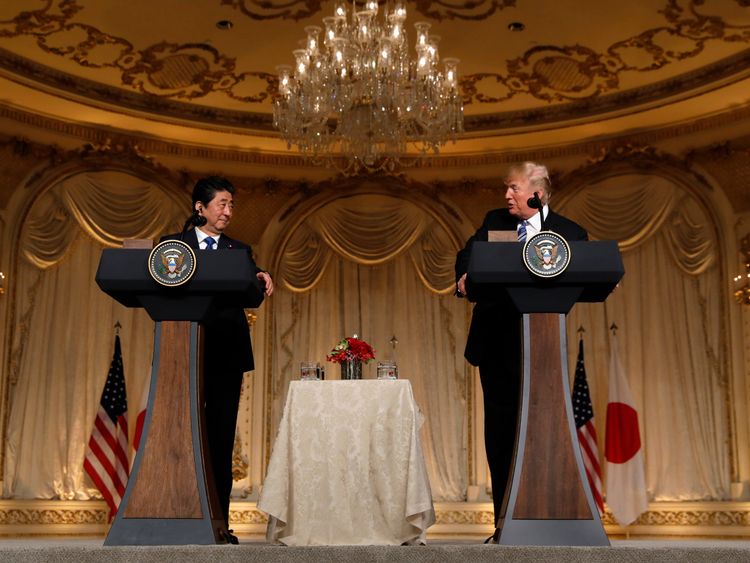 US President Donald Trump (R) speaks as he hosts a joint press conference with Japan's Prime Minister Shinzo Abe at Trump's Mar-a-Lago estate in Palm Beach, Florida, U.S., April 18, 2018
