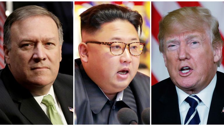 CIA Director Mike Pompeo (L), North Korean leader Kim Jong Un (C) and US President Donald Trump (R)