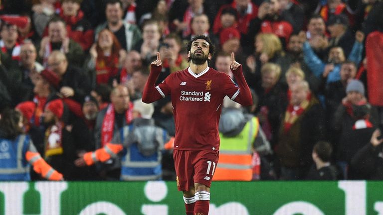 Mo Salah celebrates his second goal