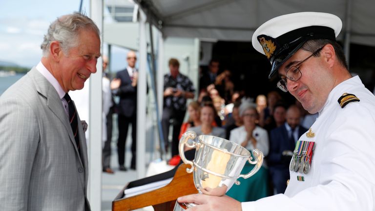 The Duke of Cornwall presented the Hydographic Ship Blue Crew with the Gloucester Cup