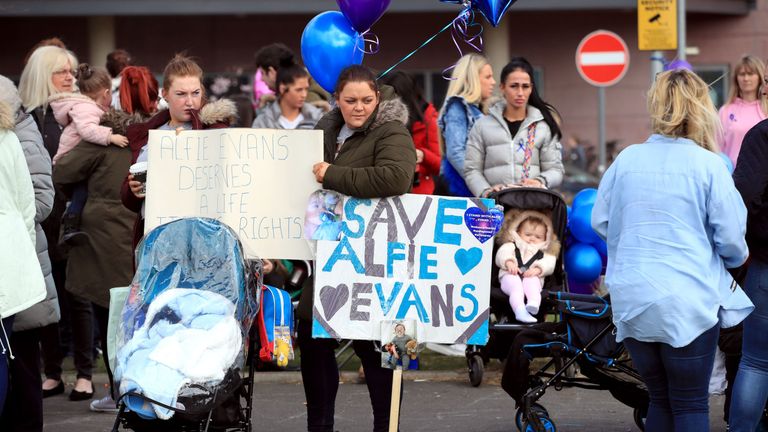 Protesters gathered outside Alder Hey, where Alfie has been treated