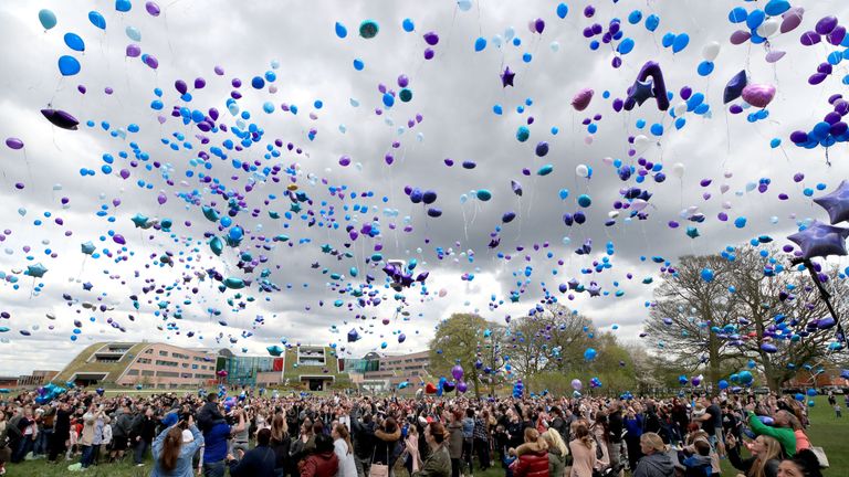 People release balloons outside Alder Hey Children&#39;s Hospital in Liverpool