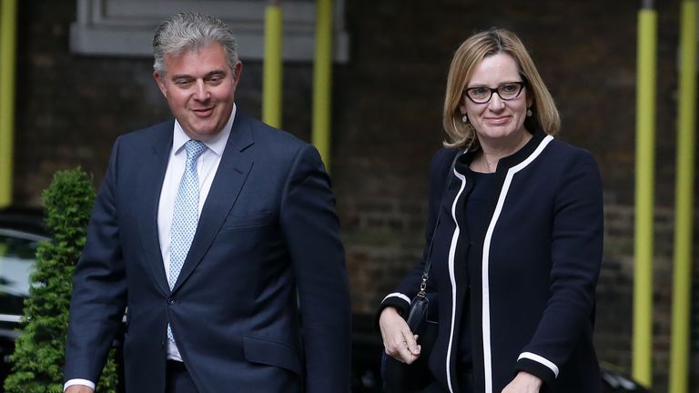 Britain&#39;s Minister of State for Immigration Brandon Lewis (L) and Britain&#39;s Home Secretary Amber Rudd arrive to attend a Cabinet meeting at 10 Downing Street in central London on June 12, 2017, following the June 8 snap general election in which the ruling Conservatives lost their majority.