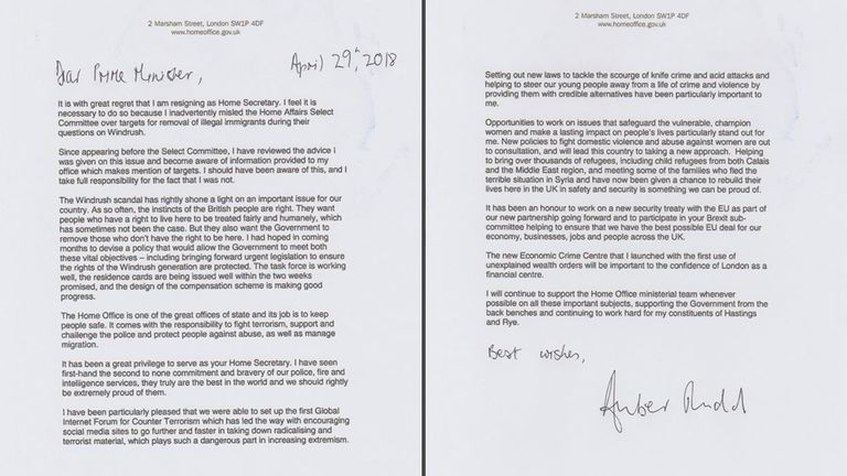 Amber Rudd&#39;s resignation letter to Theresa May