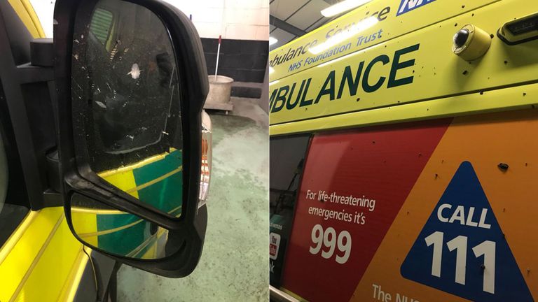 A West Midlands Ambulance was vandalised, resulting in a broken wing mirror and mud on the vehicle. Credit: West Midlands Ambulance Service