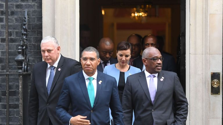 Jamaica prime minister Andrew Holness leaves 10 Downing Street after the meeting with Theresa May