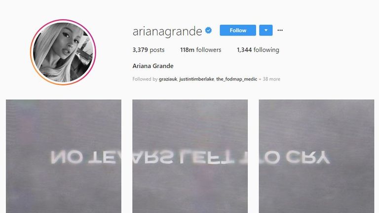 Ariana Grande left cryptic messages on Instagram and Twitter hinting at a new song. Pic: Ariana Grande/Instagram
